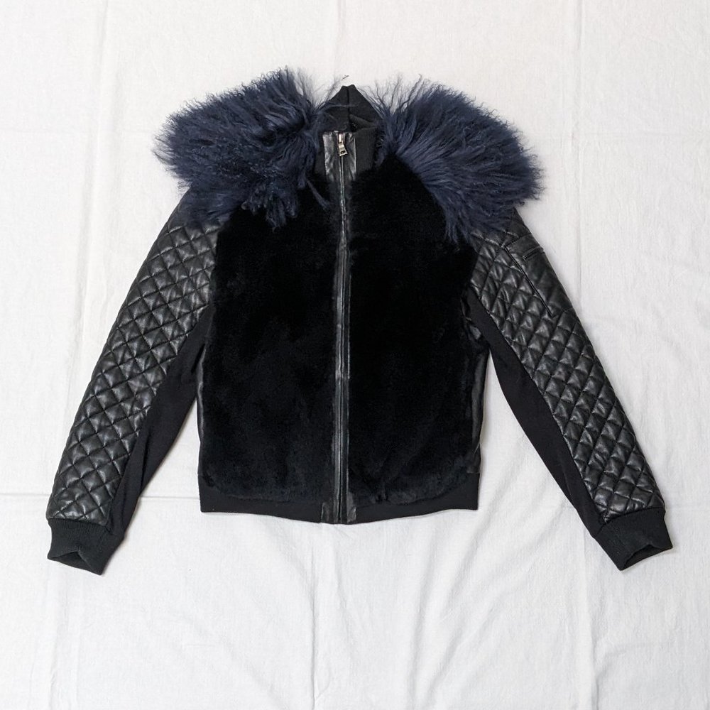 BCBGMaxAzria Finn Black Fur Vest Quilted Genuine Leather Sleeve Jacket Size S